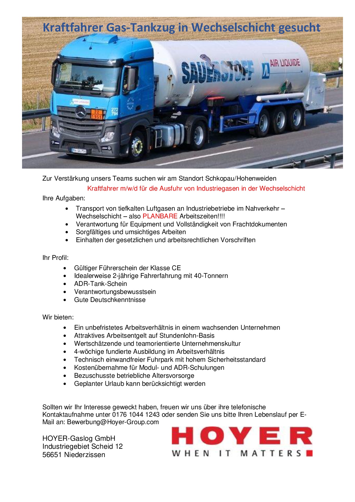 Kraftfahrer (m/w/d) für Gas-Tankzug in Wechselschicht